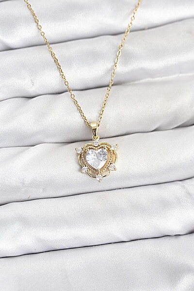 316l çelik Zincir Gold Renk Kalp Model Zirkon Taşlı Kadın Kolye