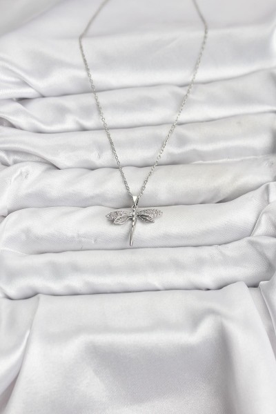 316l çelik Zincir Gümüş Renk Yusufçuk Model Zirkon Taşlı Kadın Kolye