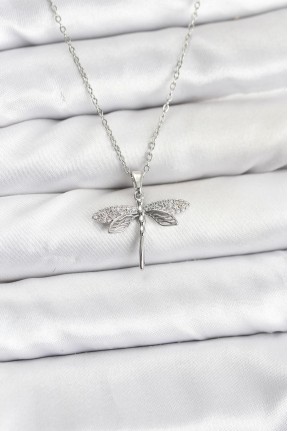 316l çelik Zincir Gümüş Renk Yusufçuk Model Zirkon Taşlı Kadın Kolye