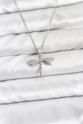 316l çelik Zincir Gümüş Renk Yusufçuk Model Zirkon Taşlı Kadın Kolye