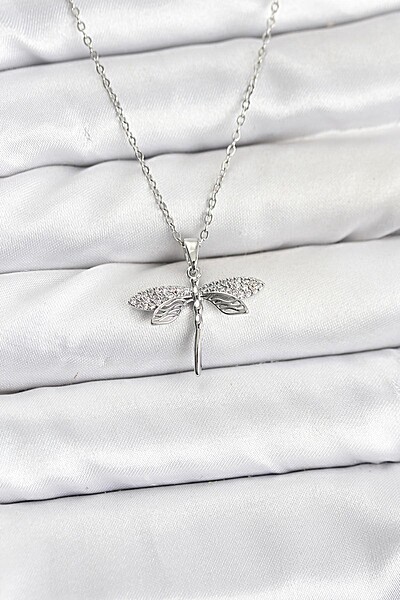 316l çelik Zincir Gümüş Renk Yusufçuk Model Zirkon Taşlı Kadın Kolye