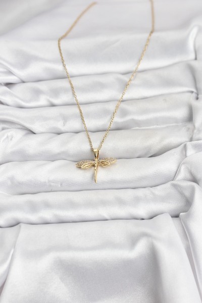 316l çelik Zincir Gold Renk Yusufçuk Model Zirkon Taşlı Kadın Kolye