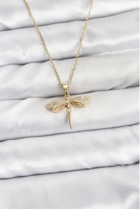 316l çelik Zincir Gold Renk Yusufçuk Model Zirkon Taşlı Kadın Kolye