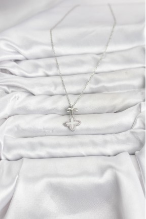 316l çelik Zincir Gümüş Renk 4 Yapraklı Yonca Model Zirkon Taşlı Kadın Kolye