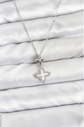 316l çelik Zincir Gümüş Renk 4 Yapraklı Yonca Model Zirkon Taşlı Kadın Kolye