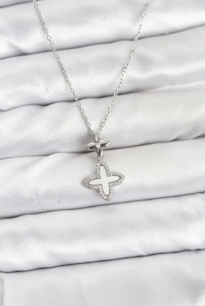 316l çelik Zincir Gümüş Renk 4 Yapraklı Yonca Model Zirkon Taşlı Kadın Kolye