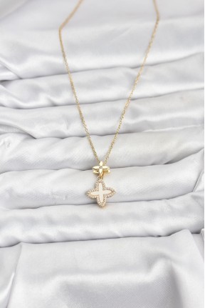 316l çelik Zincir Gold Renk 4 Yapraklı Yonca Model Zirkon Taşlı Kadın Kolye