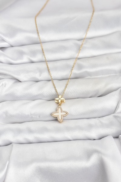 316l çelik Zincir Gold Renk 4 Yapraklı Yonca Model Zirkon Taşlı Kadın Kolye