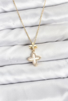 316l çelik Zincir Gold Renk 4 Yapraklı Yonca Model Zirkon Taşlı Kadın Kolye