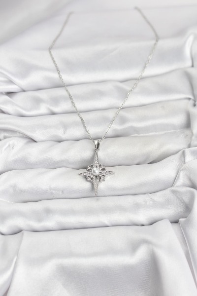 316l çelik Zincir Gümüş Renk Kutup Yıldızı Model Zirkon Taşlı Kadın Kolye