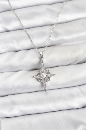 316l çelik Zincir Gümüş Renk Kutup Yıldızı Model Zirkon Taşlı Kadın Kolye