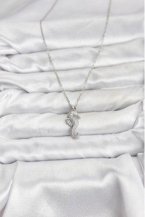 316l çelik Zincir Gümüş Renk Deniz Atı Model Zirkon Taşlı Kadın Kolye