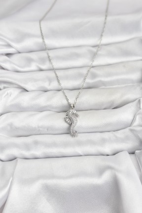 316l çelik Zincir Gümüş Renk Deniz Atı Model Zirkon Taşlı Kadın Kolye