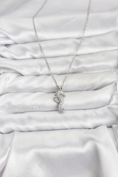 316l çelik Zincir Gümüş Renk Deniz Atı Model Zirkon Taşlı Kadın Kolye