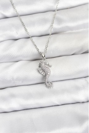 316l çelik Zincir Gümüş Renk Deniz Atı Model Zirkon Taşlı Kadın Kolye