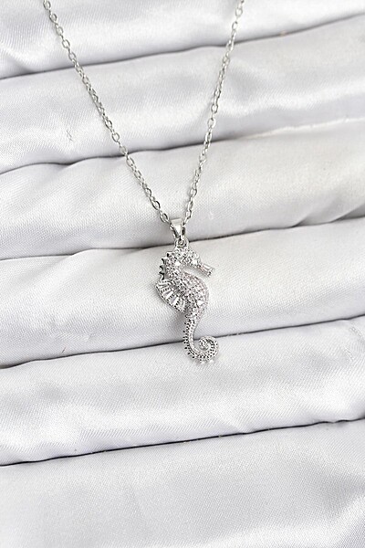 316l çelik Zincir Gümüş Renk Deniz Atı Model Zirkon Taşlı Kadın Kolye
