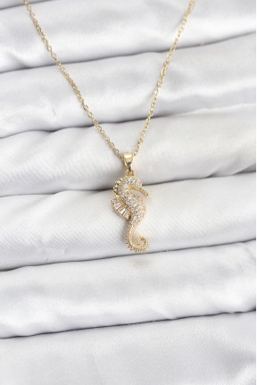 316l çelik Zincir Gold Renk Deniz Atı Model Zirkon Taşlı Kadın Kolye