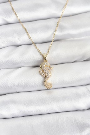 316l çelik Zincir Gold Renk Deniz Atı Model Zirkon Taşlı Kadın Kolye