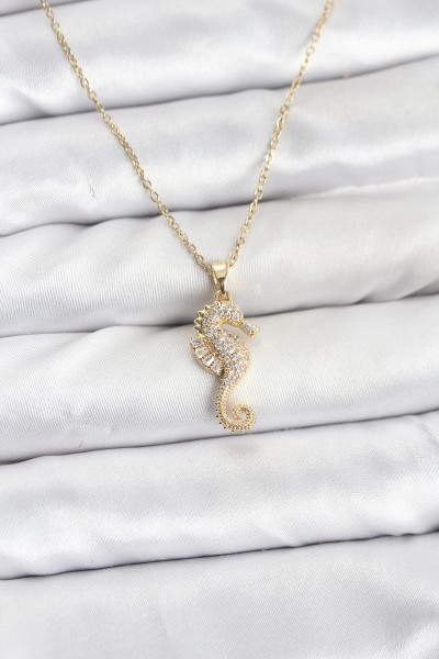 316l çelik Zincir Gold Renk Deniz Atı Model Zirkon Taşlı Kadın Kolye
