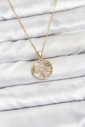 316l çelik Zincir Gold Renk şans Kolyesi Model Zirkon Taşlı Kadın Kolye