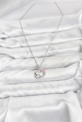 316l çelik Zincir Gümüş Renk Pembe Taş Detaylı çelenk Model Kadın Kolye