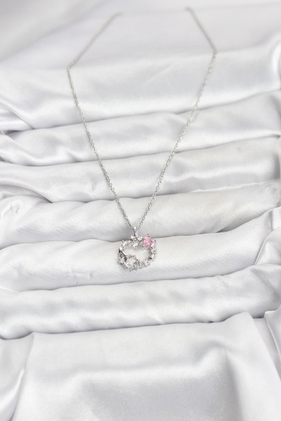 316l çelik Zincir Gümüş Renk Pembe Taş Detaylı çelenk Model Kadın Kolye