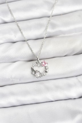 316l çelik Zincir Gümüş Renk Pembe Taş Detaylı çelenk Model Kadın Kolye