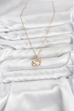 316l çelik Zincir Gold Renk Pembe Taş Detaylı çelenk Model Kadın Kolye