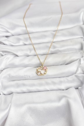316l çelik Zincir Gold Renk Pembe Taş Detaylı çelenk Model Kadın Kolye
