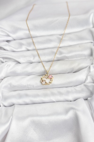 316l çelik Zincir Gold Renk Pembe Taş Detaylı çelenk Model Kadın Kolye