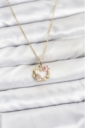 316l çelik Zincir Gold Renk Pembe Taş Detaylı çelenk Model Kadın Kolye