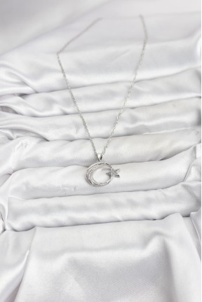 316l çelik Zincir Gümüş Renk Ay Yıldız Model Zirkon Taşlı Kadın Kolye