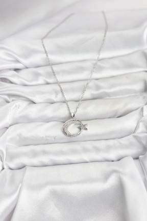 316l çelik Zincir Gümüş Renk Ay Yıldız Model Zirkon Taşlı Kadın Kolye