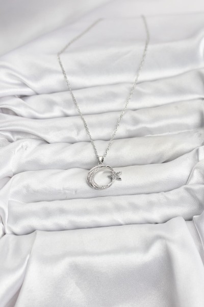 316l çelik Zincir Gümüş Renk Ay Yıldız Model Zirkon Taşlı Kadın Kolye