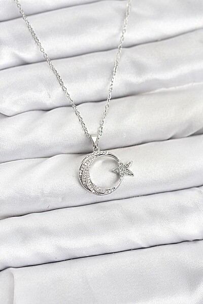 316l çelik Zincir Gümüş Renk Ay Yıldız Model Zirkon Taşlı Kadın Kolye