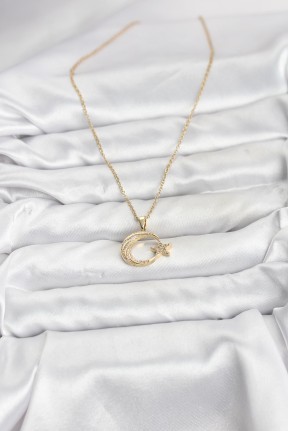 316l çelik Zincir Gold Renk Ay Yıldız Model Zirkon Taşlı Kadın Kolye