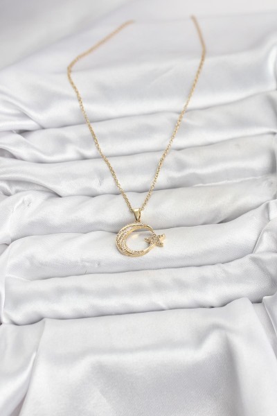 316l çelik Zincir Gold Renk Ay Yıldız Model Zirkon Taşlı Kadın Kolye