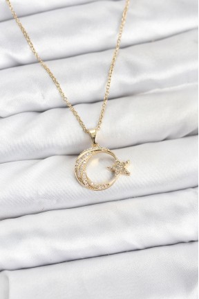 316l çelik Zincir Gold Renk Ay Yıldız Model Zirkon Taşlı Kadın Kolye