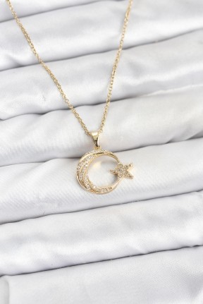 316l çelik Zincir Gold Renk Ay Yıldız Model Zirkon Taşlı Kadın Kolye