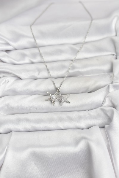 316l çelik Zincir Gümüş Renk Deniz Yıldızı Model Zirkon Taşlı Kadın Kolye
