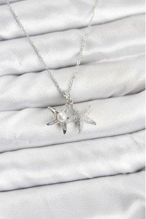 316l çelik Zincir Gümüş Renk Deniz Yıldızı Model Zirkon Taşlı Kadın Kolye