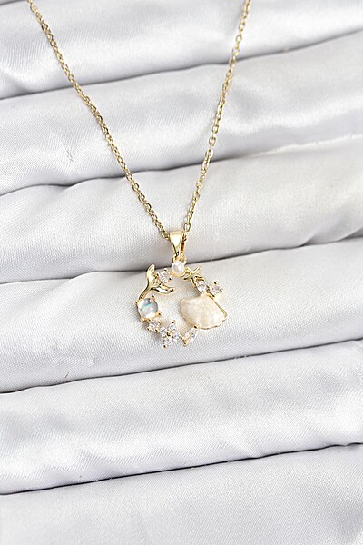 316l çelik Zincir Gold Renk Deniz Tema Model Zirkon Taşlı Kadın Kolye