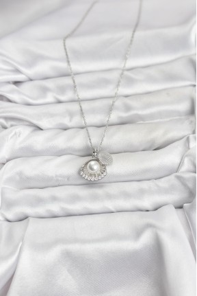 316l çelik Zincir Gümüş Renk İncili Deniz Kabuğu Model Zirkon Taşlı Kadın Kolye