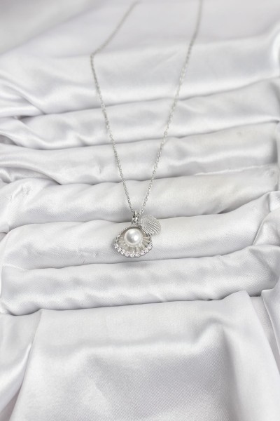 316l çelik Zincir Gümüş Renk İncili Deniz Kabuğu Model Zirkon Taşlı Kadın Kolye