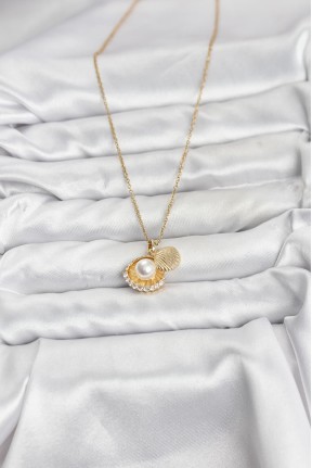 316l çelik Zincir Gold Renk İncili Deniz Kabuğu Model Zirkon Taşlı Kadın Kolye