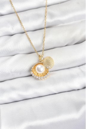 316l çelik Zincir Gold Renk İncili Deniz Kabuğu Model Zirkon Taşlı Kadın Kolye