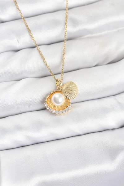 316l çelik Zincir Gold Renk İncili Deniz Kabuğu Model Zirkon Taşlı Kadın Kolye