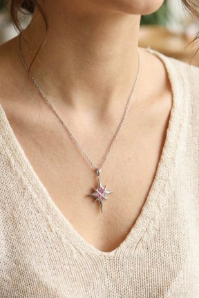 316l çelik Gümüş Renk Zirkon Taşlı Kutup Yıldızı Model Kadın Kolye