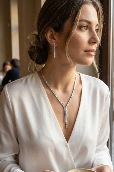 Gümüş Renk Baget Zirkon Taşlı Kadın Kolye Küpe Set Gümüş Renk Baget Zirkon Taşlı Kadın Kolye Küpe Set