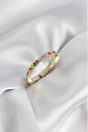 Sıralı Karışık Renkli Gold Renk Zirkon Taşlı Kadın Yüzük Sıralı Karışık Renkli Gold Renk Zirkon Taşlı Kadın Yüzük